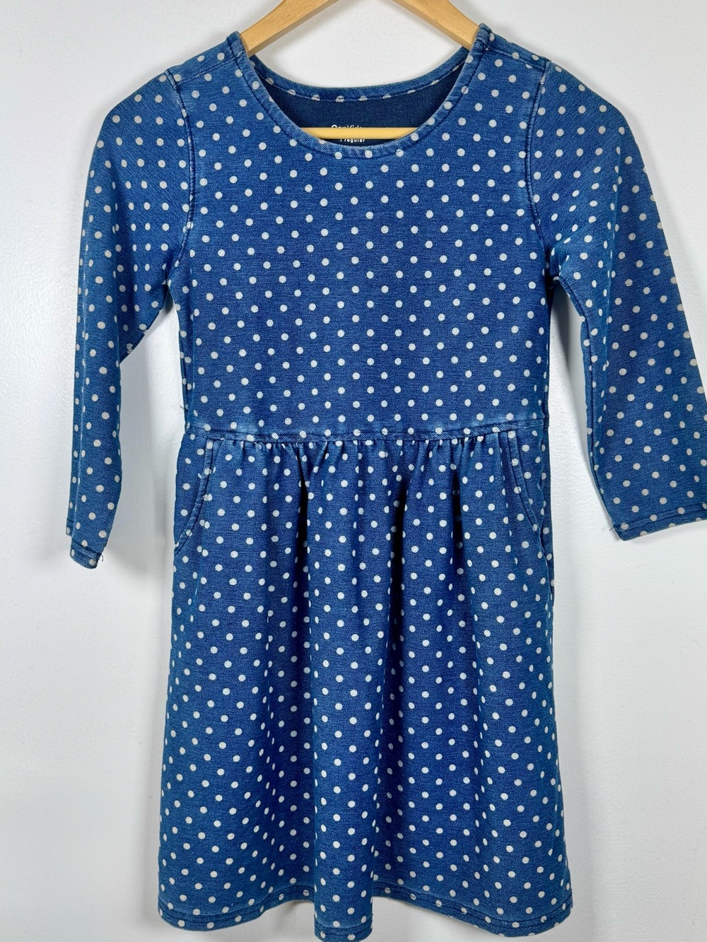 GAP 1969 Denim Knit Polka Dot Girls Dress Large 10 12 Pockets Long Sleeve EUC